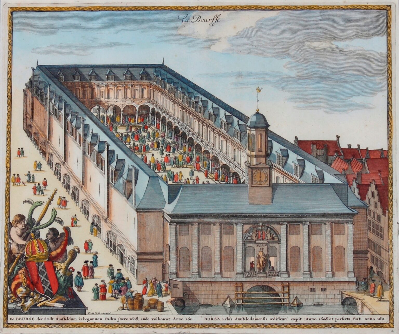 Gravure van de Amsterdamse koopmansbeurs, ca. 1690 (De Wit)