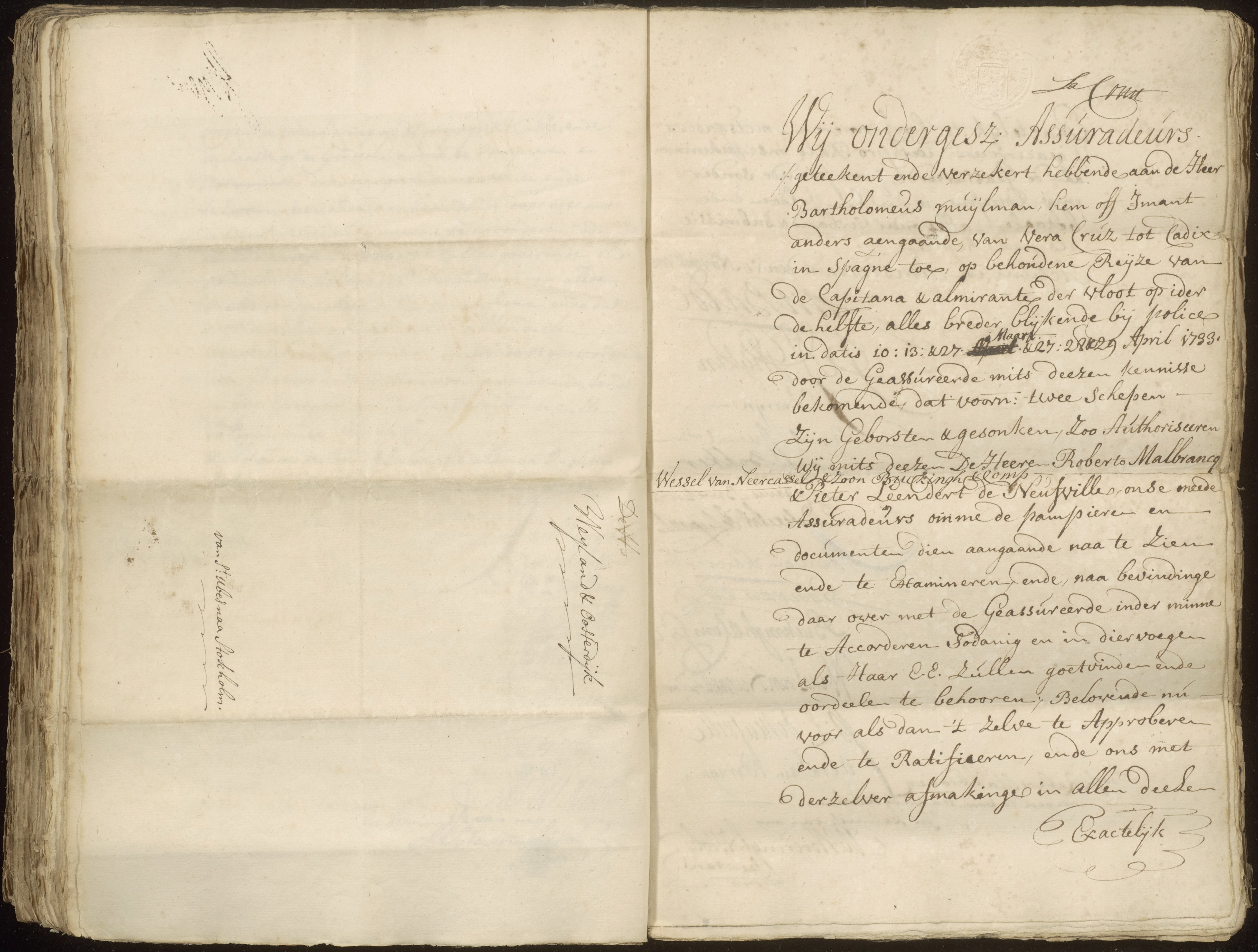 Facsimile van aktepagina met tekst en handtekeningen (deel 1)
